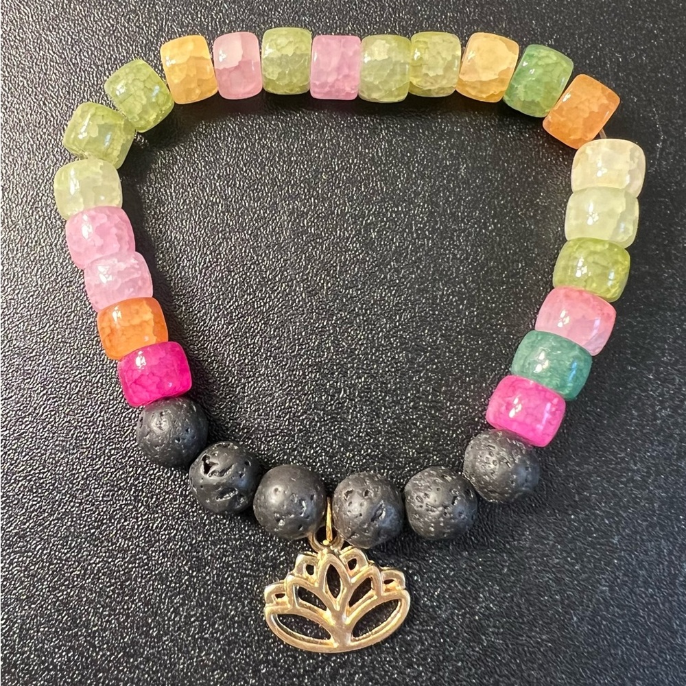 Chakra Colorful Agate Stone Lava Stone Stretch Bracelet Good Tone Lotus Charm